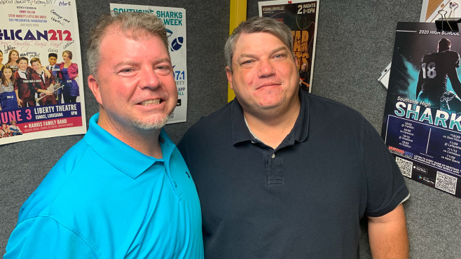 Jason Burns (left) and Nick Fontenot return to broadcast Southside High Football this fall on Mustang 107.1 FM. The Sharks made the playoffs last season. — Photo by Raymond Partsch III